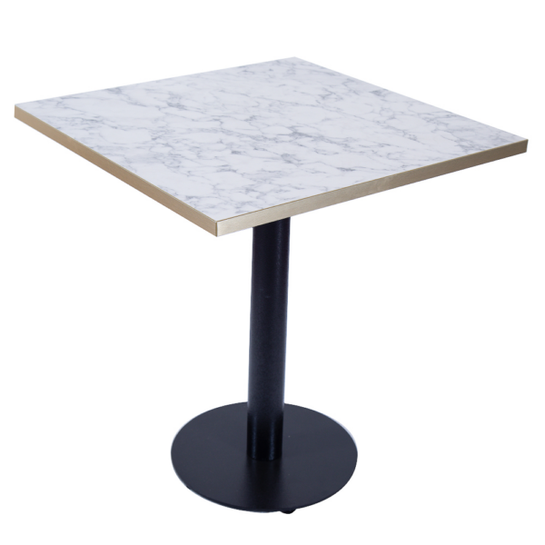 RESTAURANT DINING TABLE WHITE MARBLE GOLD TRIM BLACK ROUND BASE
