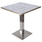 700×700 WHITE MARBLE GOLD TRIM TABLE WITH SQUARE BRUSHED METAL BASE
