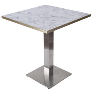 700×700 WHITE MARBLE GOLD TRIM TABLE WITH SQUARE BRUSHED METAL BASE