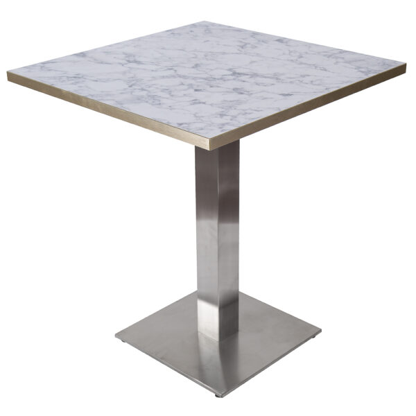 700×700 WHITE MARBLE GOLD TRIM TABLE WITH SQUARE BRUSHED METAL BASE